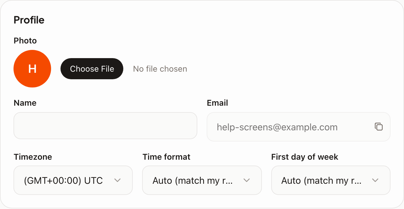 The Profile card in Settings: photo, name, a read-only email, timezone, time format and first day of week
