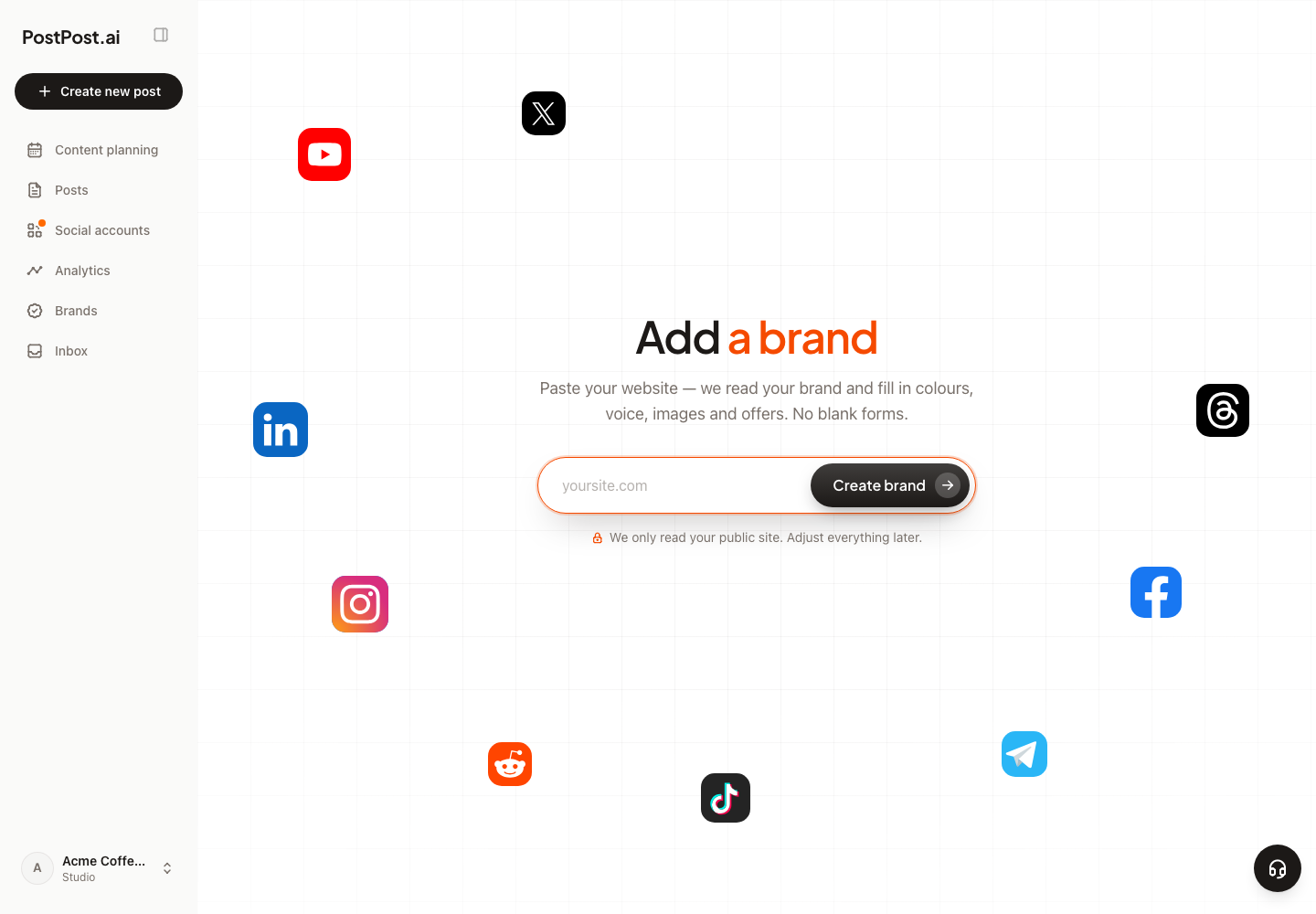 The Add a brand screen: one field for your website address