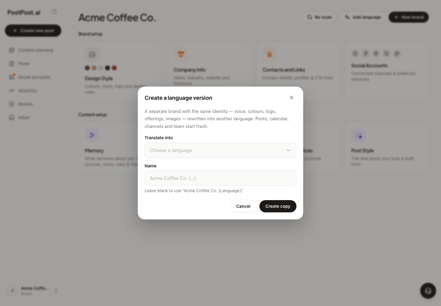 The Create a language version dialog: pick a language, optionally name the copy, Create copy