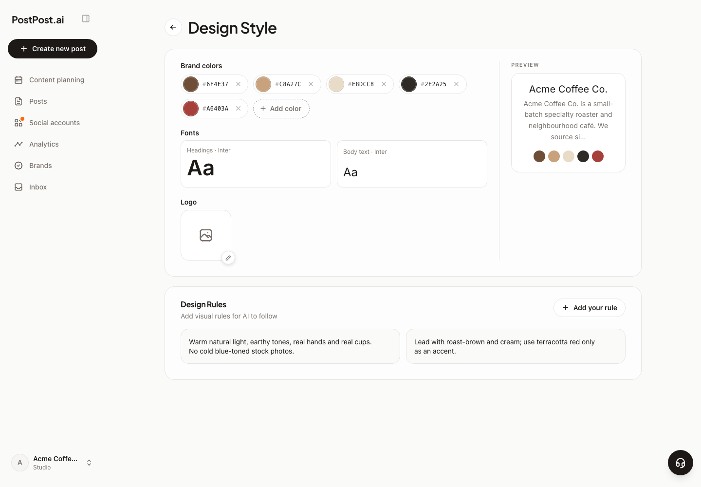 The Design Style section: brand colors, the font pair, the logo and design rules