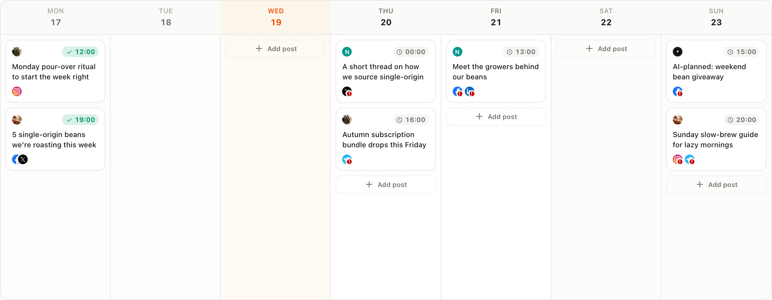 A week on the calendar: six scheduled posts across Monday to Sunday, each with its channels