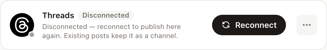 A channel row showing the Disconnected badge, an explanation, and a Reconnect button