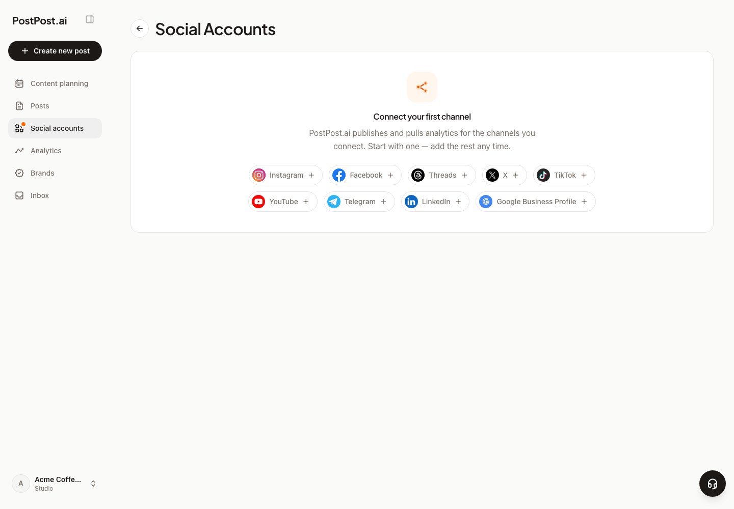 The Social Accounts page, with a tile for each network