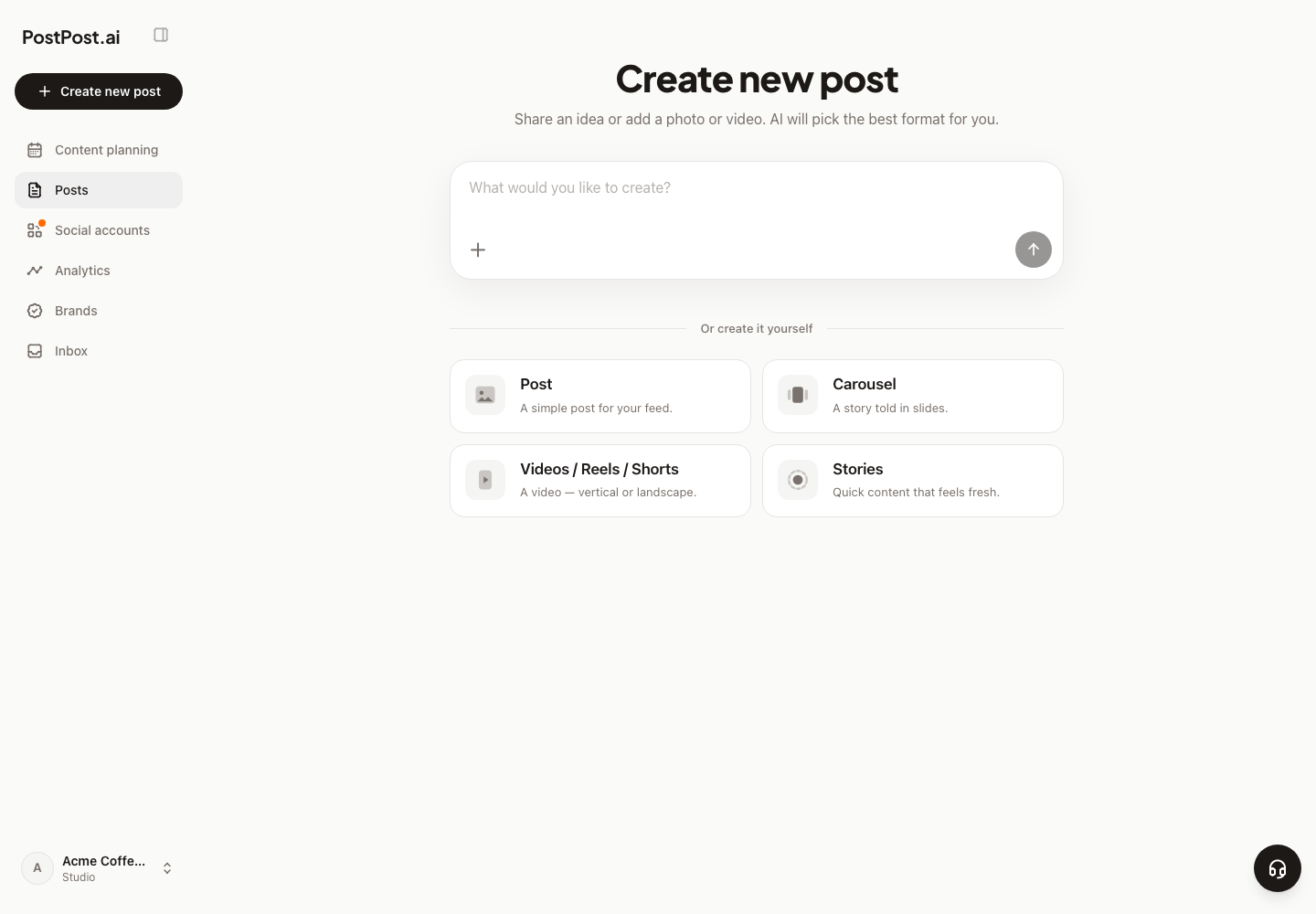 The Create new post screen: an idea box, and cards for Post, Carousel, Videos/Reels/Shorts and Stories