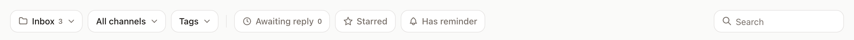 The Inbox filter row: folder with a count, channel, tags, and chips for Awaiting reply, Starred and Has reminder