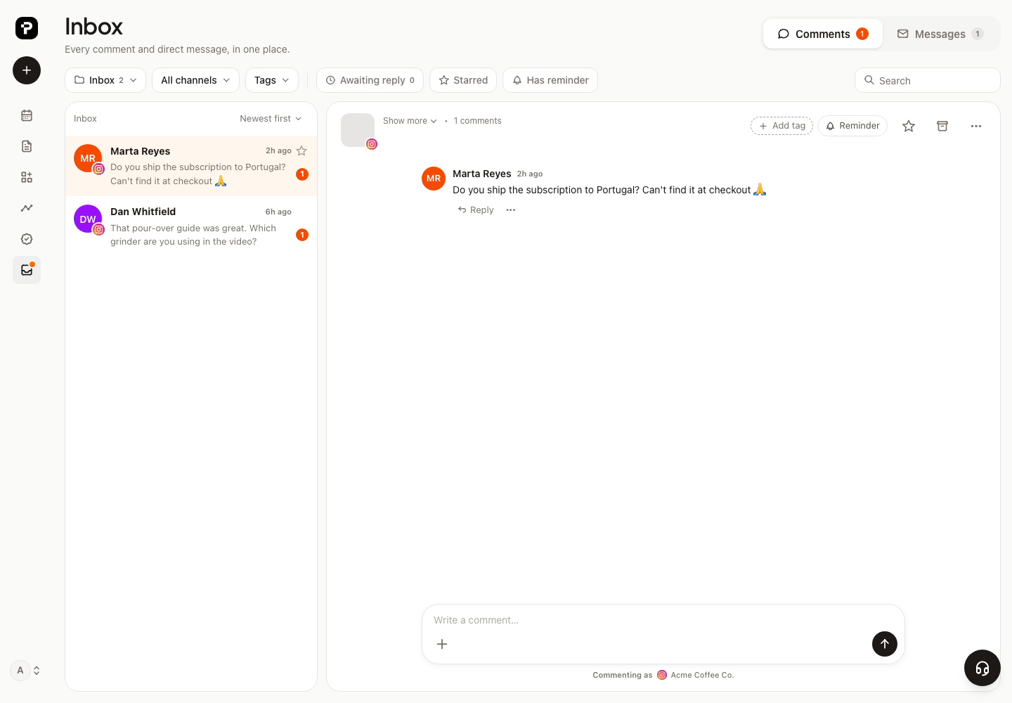 The Inbox: a thread list with unread badges on the left, the open conversation and a reply box on the right