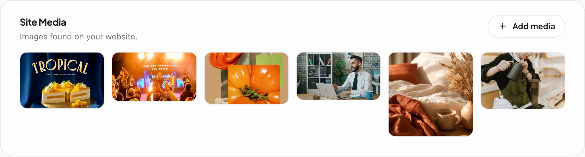 The Site Media card in Brand Visuals, with six photos and an Add media button