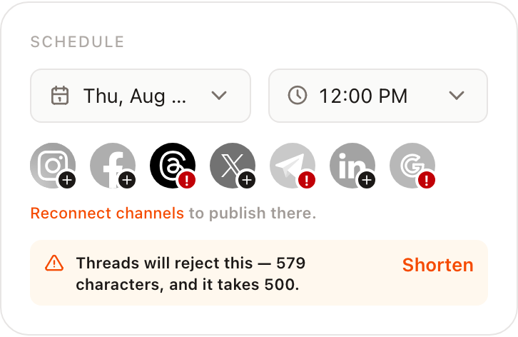 A post warning that Threads will reject a 579-character caption, with a Shorten action