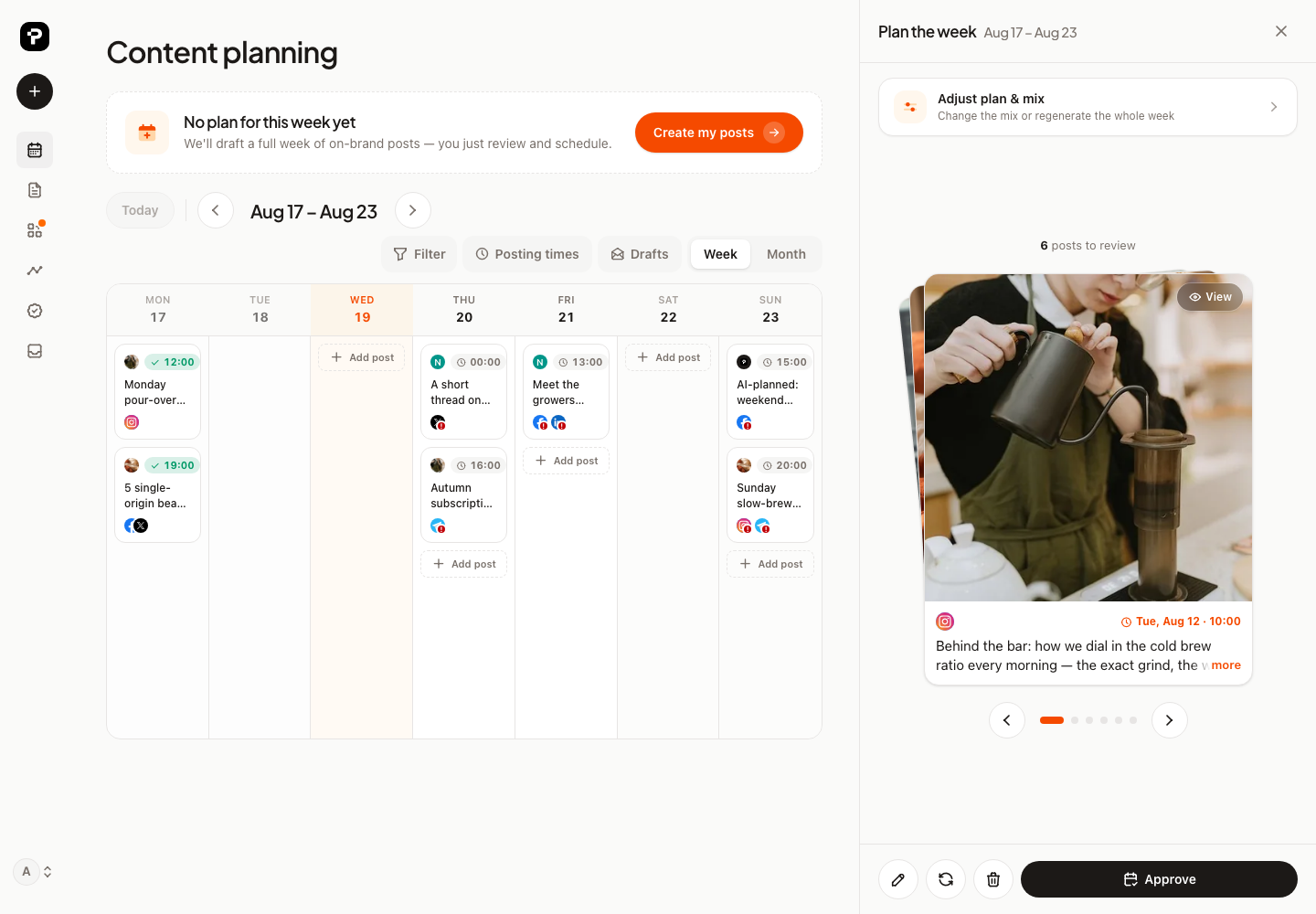The review deck, showing one planned post with Edit, Regenerate, Discard and Approve
