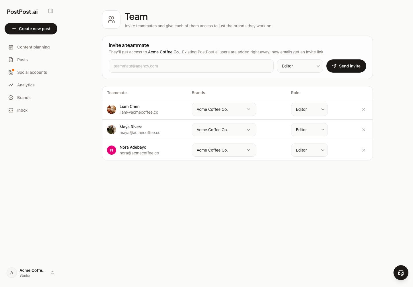 The Team page: one email field, a role picker, and a table of teammates with their brands